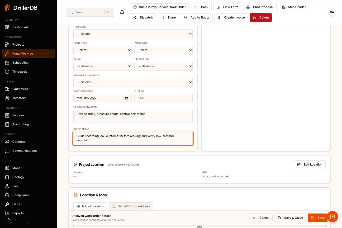 Work order Details tab in edit mode with equipment needed and admin notes filled in.
