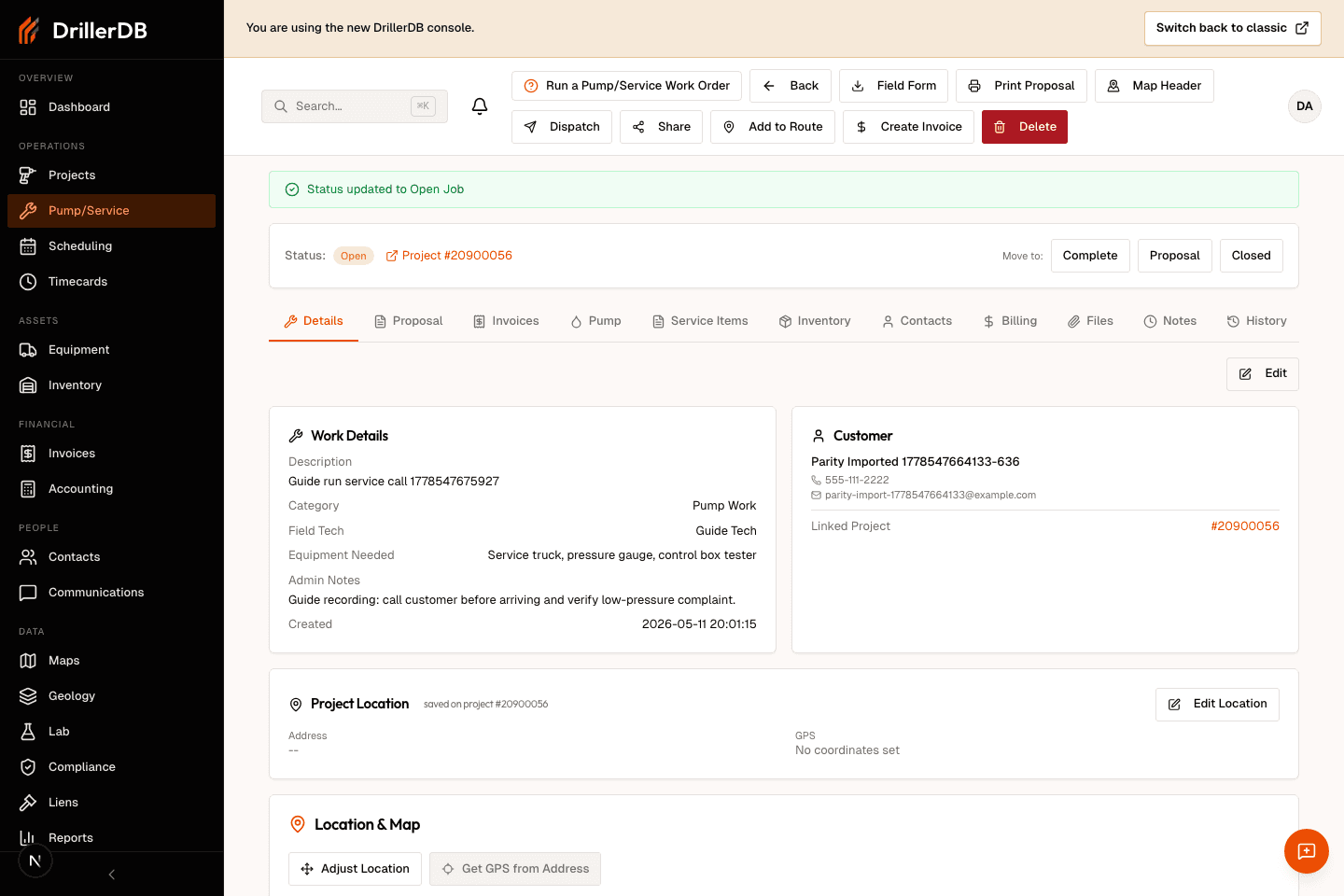 Work order status card after moving the service job from Proposal to Open Job.