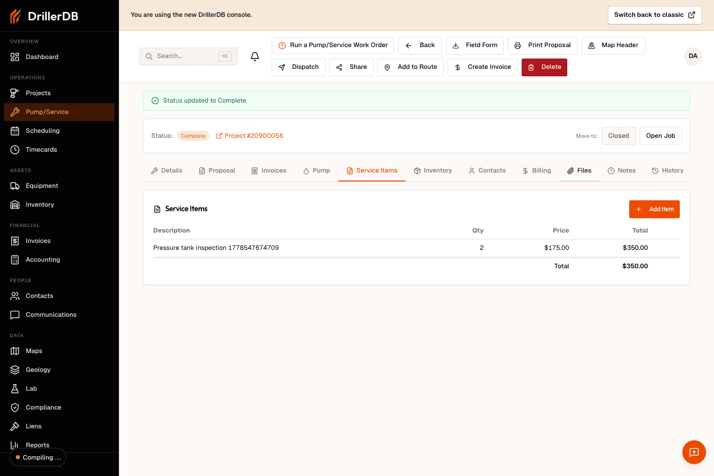 Work order workspace after the status is updated to Complete.