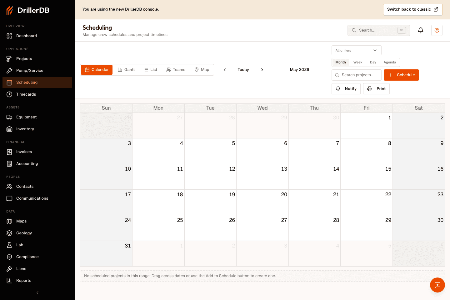 Scheduling workspace in Calendar view with the toolbar, view switcher, filters, Schedule, Notify, and Print controls visible.