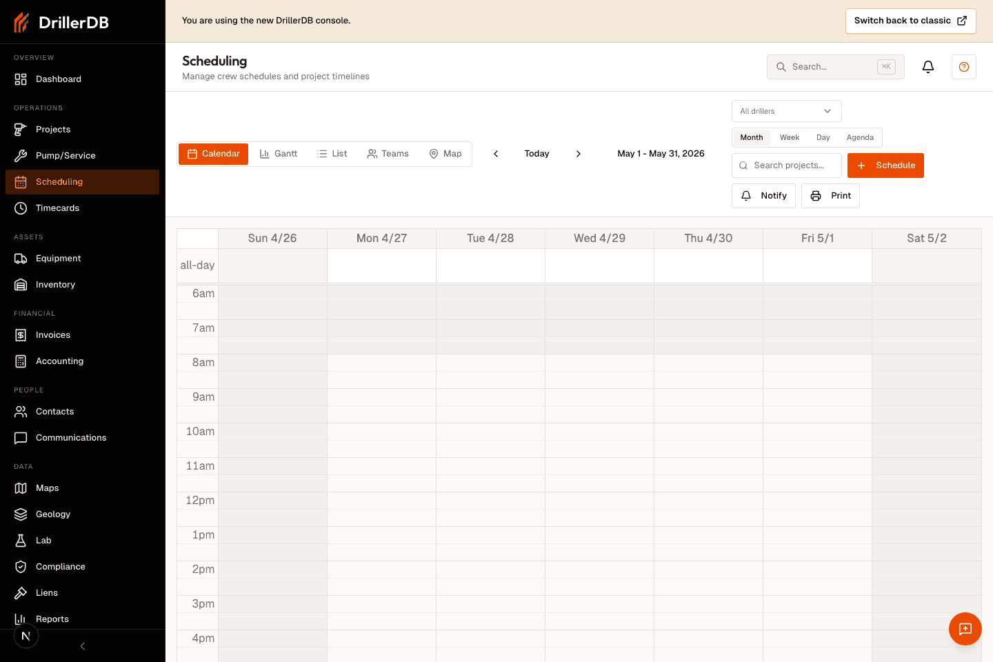 Scheduling Calendar controls showing Month, Week, Day, and Agenda mode buttons with date navigation.