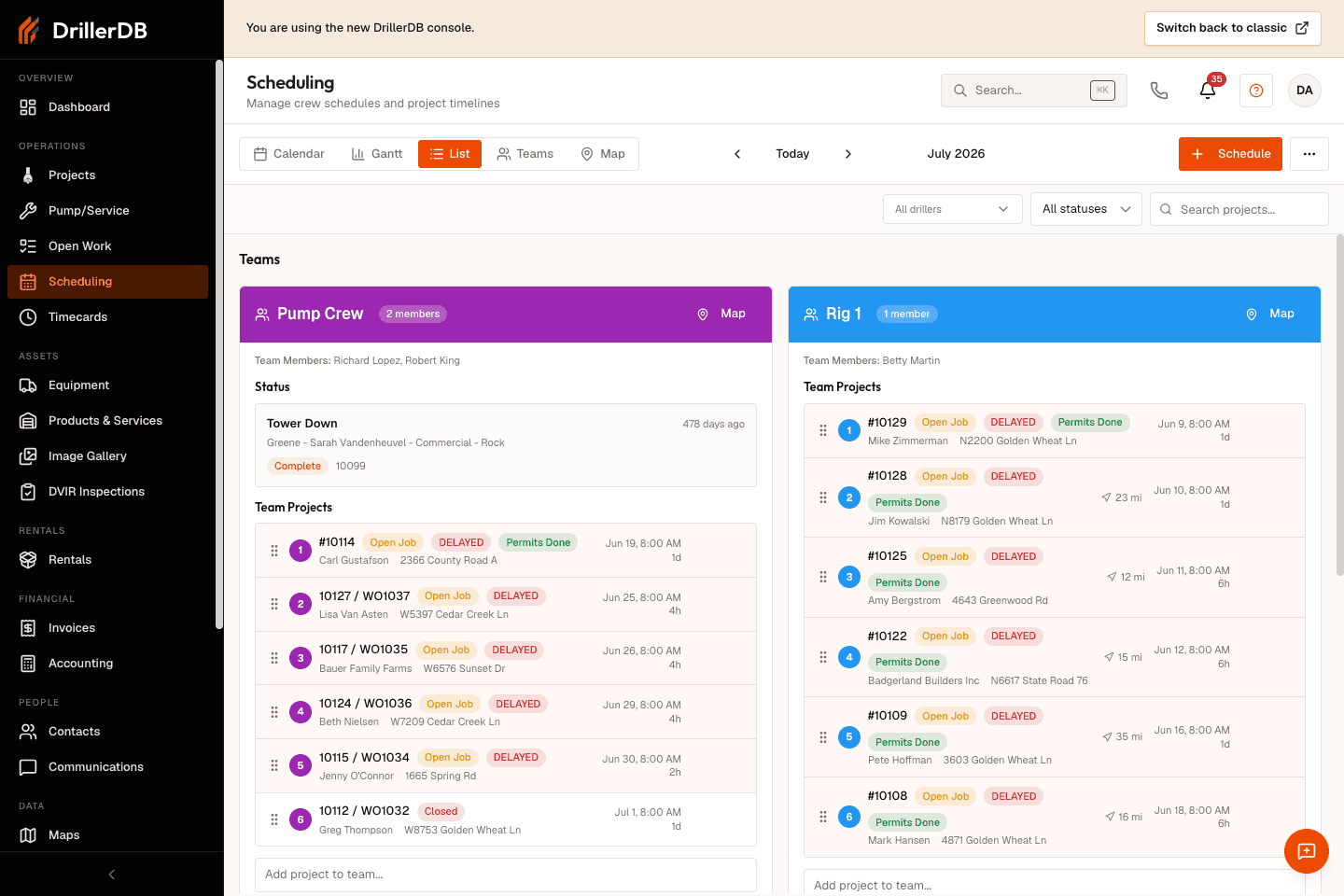 Scheduling List view showing scheduled work organized for dispatch review.