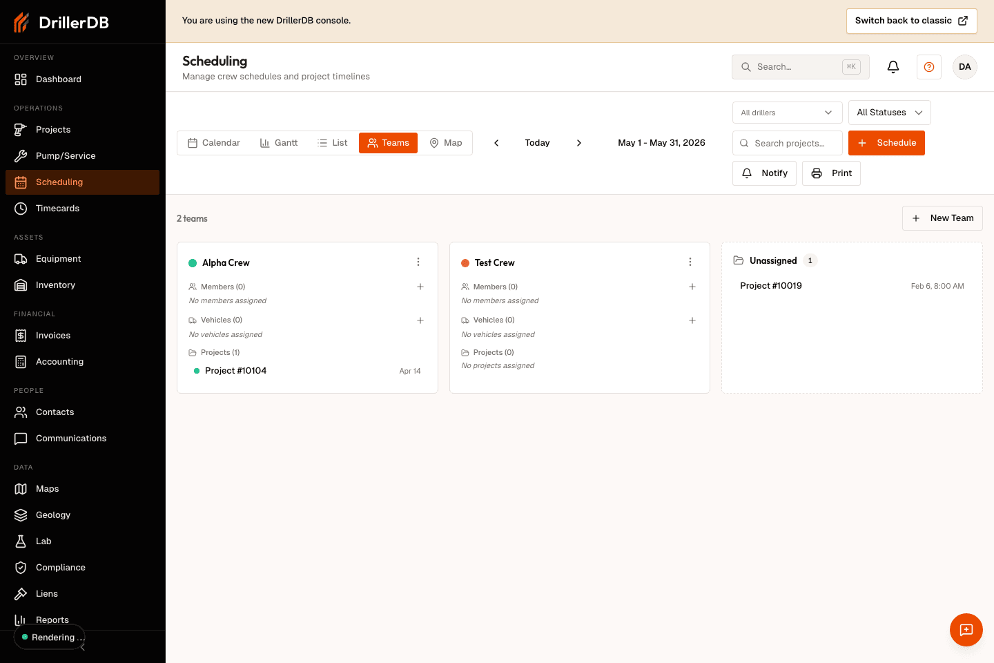 Scheduling Teams view showing crew cards, members, vehicles, and scheduled projects.