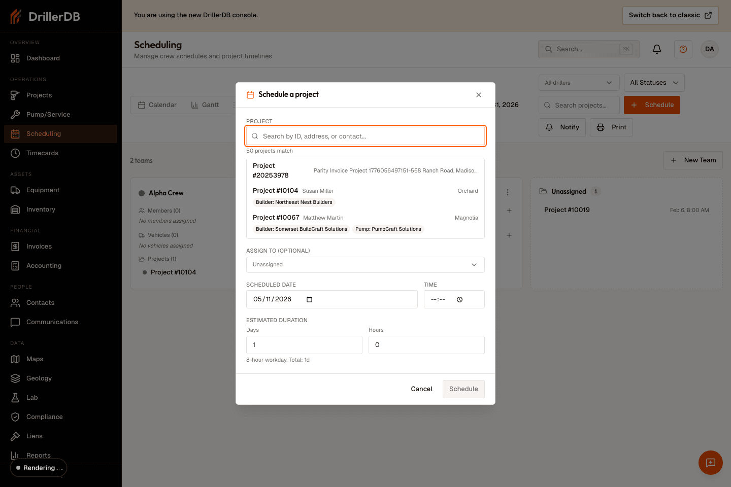 Schedule a project dialog open with project search, assignee, date, time, and duration fields.