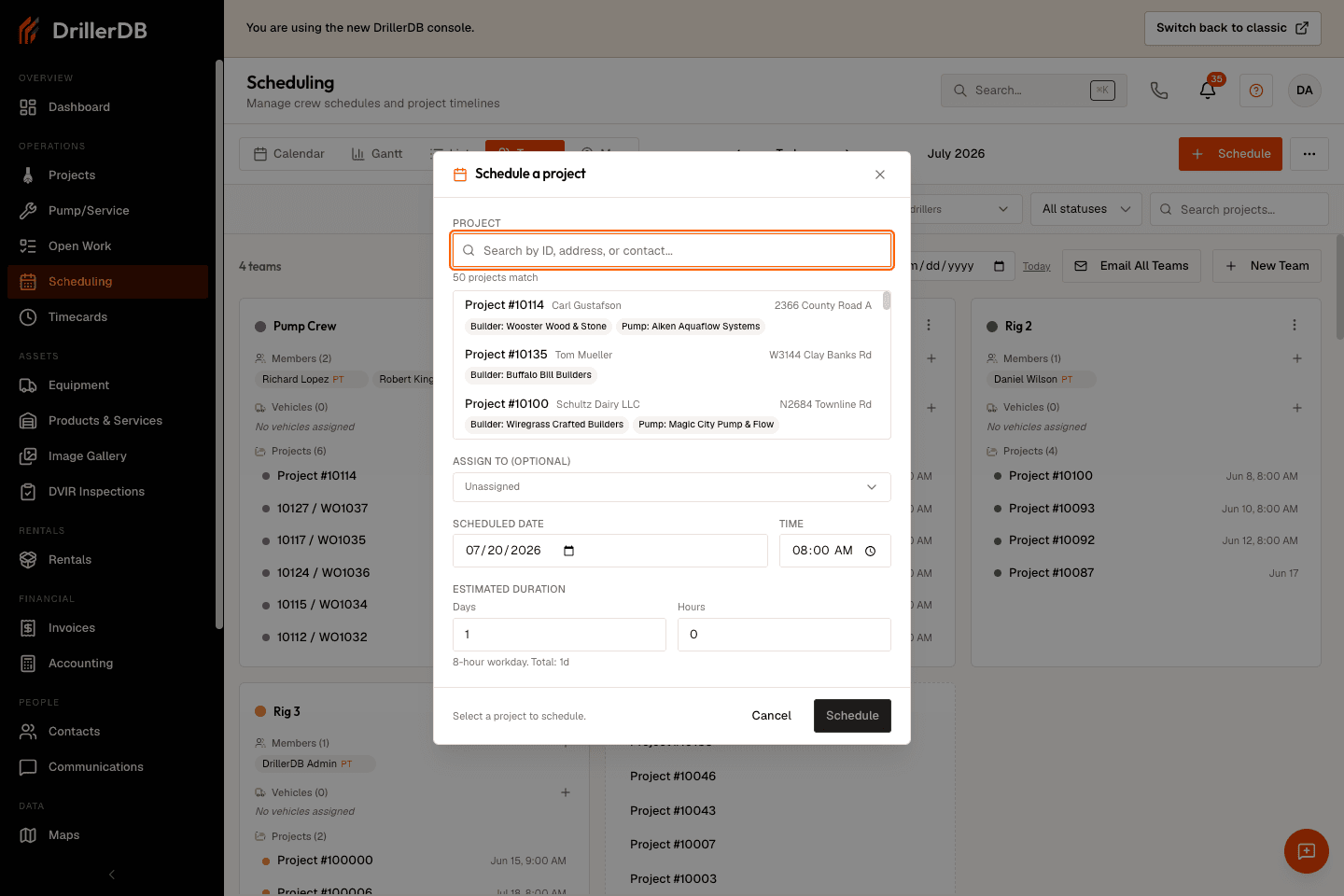 Schedule a project dialog open with project search, assignee, date, time, and duration fields.