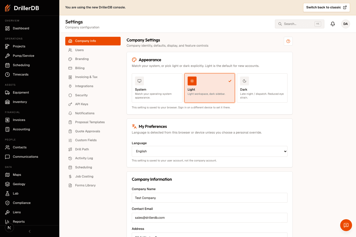 Settings page showing company information, appearance, language, and company-wide feature cards with the Security & Settings help button.