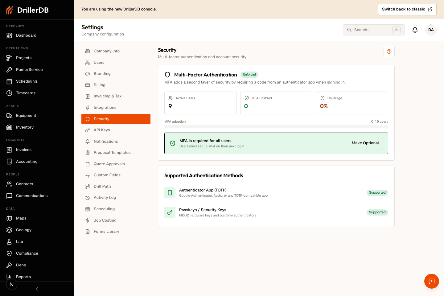 Security settings page showing MFA status cards, adoption coverage, enforcement status, and supported authentication methods.