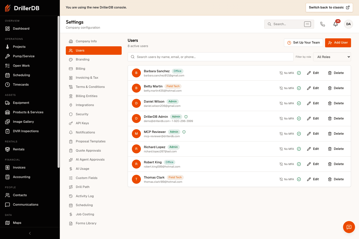 Users settings page showing active user count, role filter, search, and Add User control.