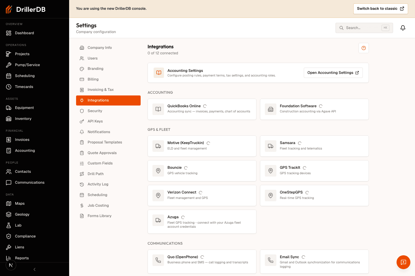 Integrations page showing provider categories for accounting, GPS and fleet, communications, and AI automation.