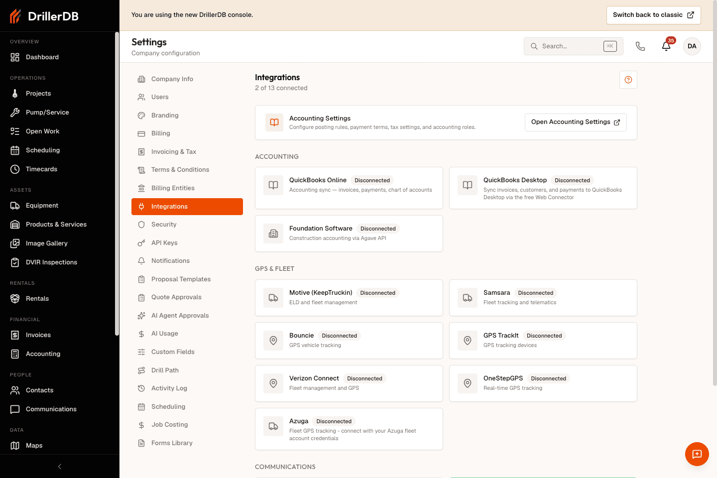Integrations page showing provider categories for accounting, GPS and fleet, communications, and AI automation.