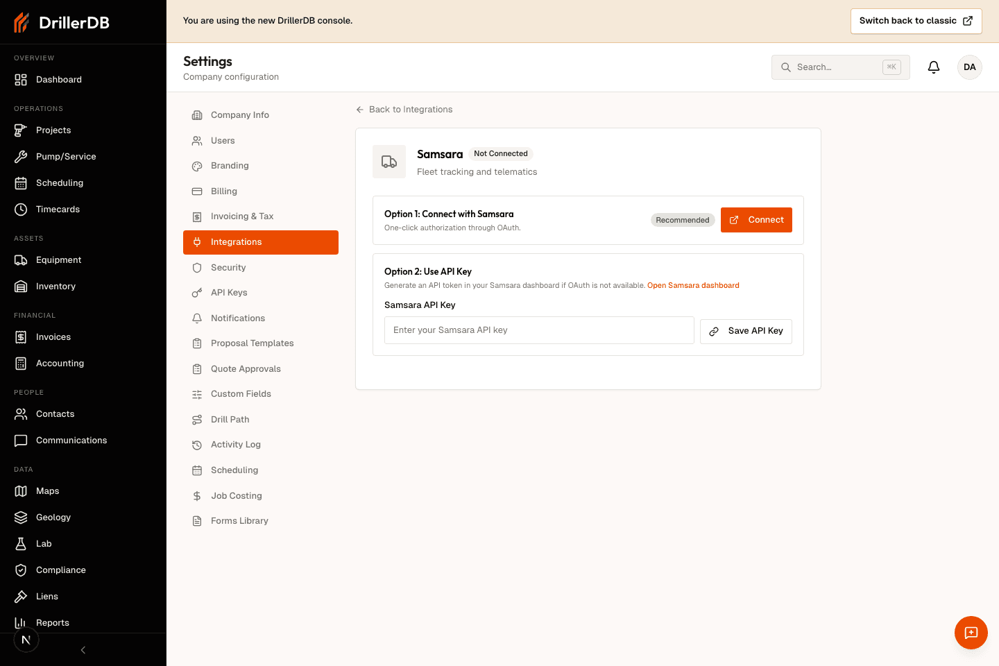 Integration detail page showing provider status and connection controls without saving credentials or starting OAuth.