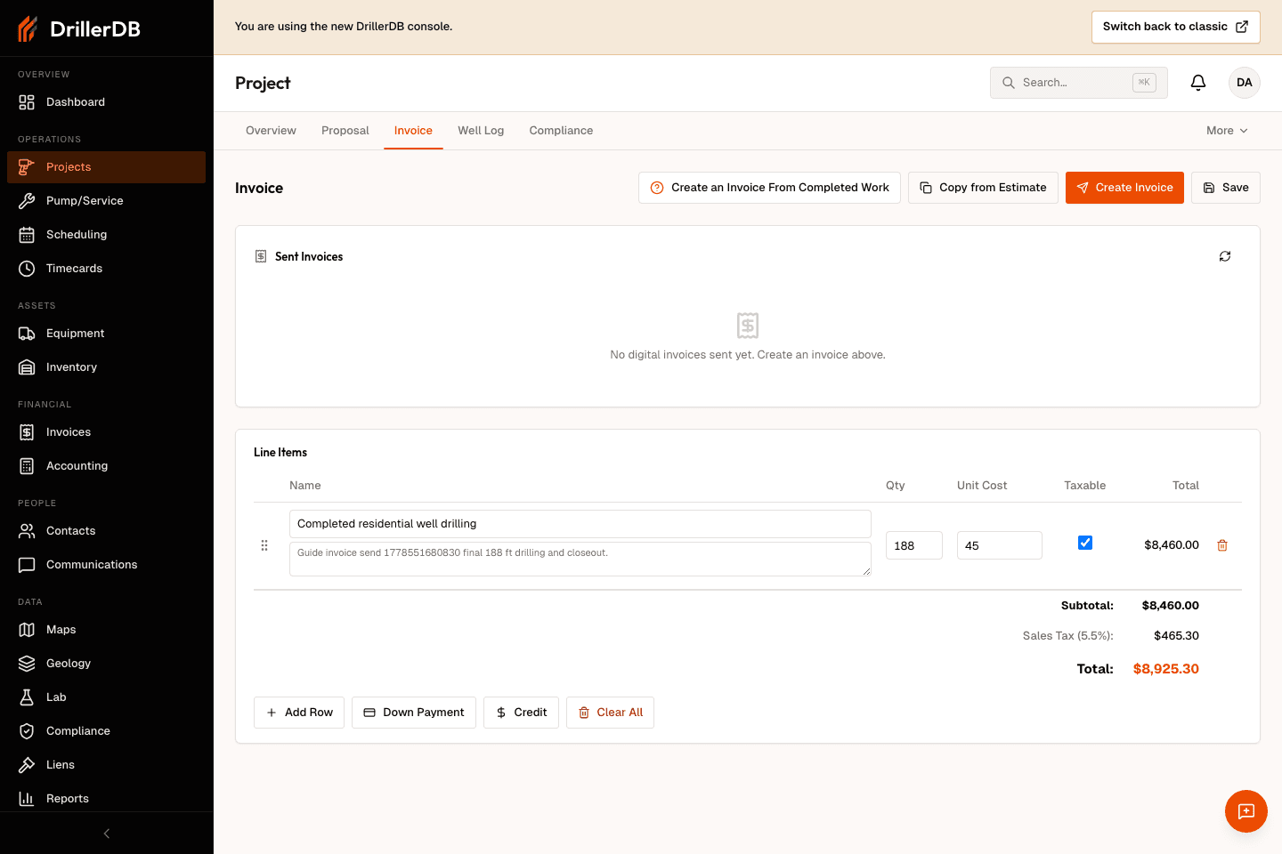 Invoice tab with a saved completed-work line item and Create Invoice button ready for delivery review.