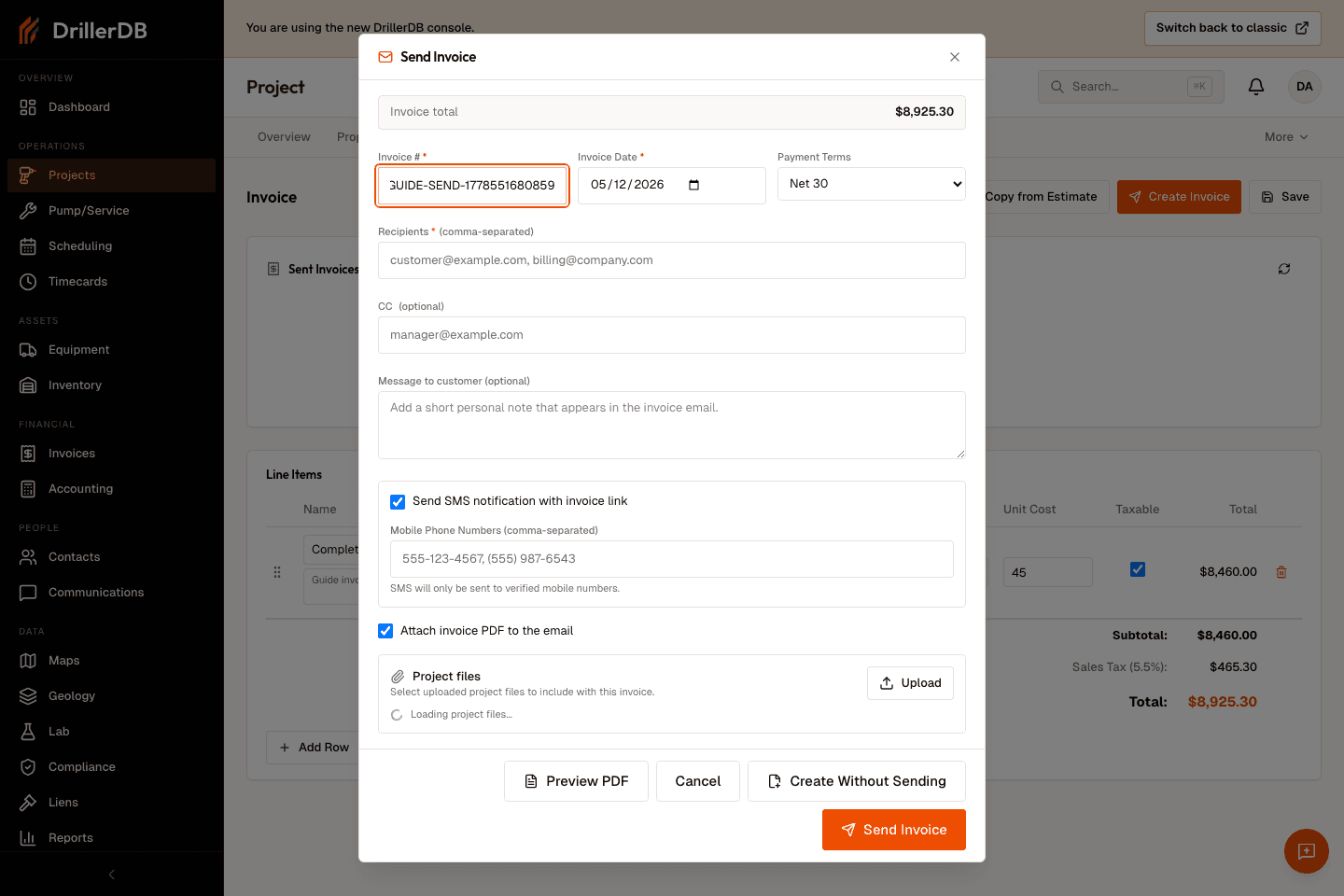 Send Invoice dialog open with invoice total, invoice number, invoice date, payment terms, recipients, SMS, PDF, and footer actions visible.