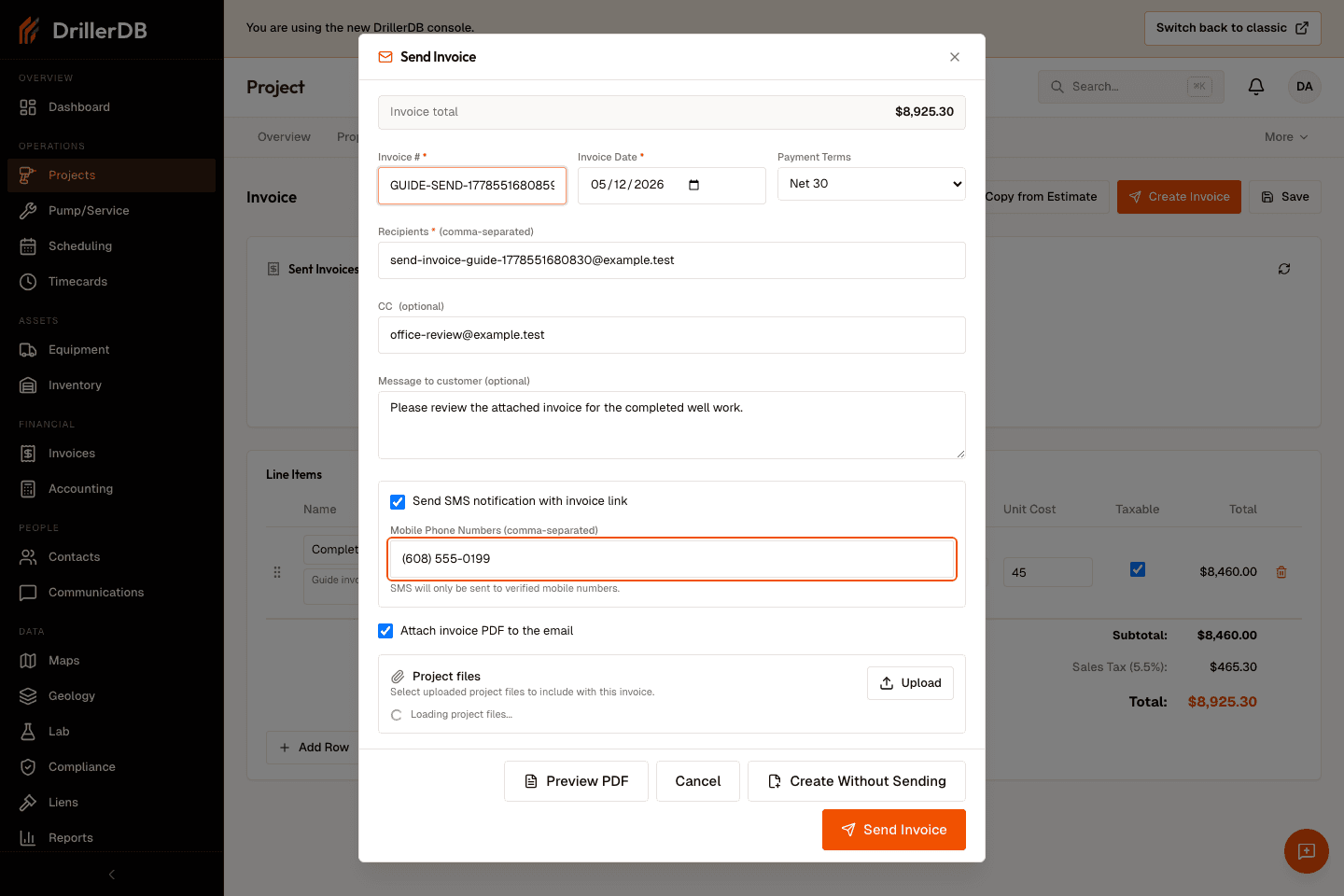 Send Invoice dialog filled with customer recipient, CC, customer message, SMS checkbox, and mobile phone number.