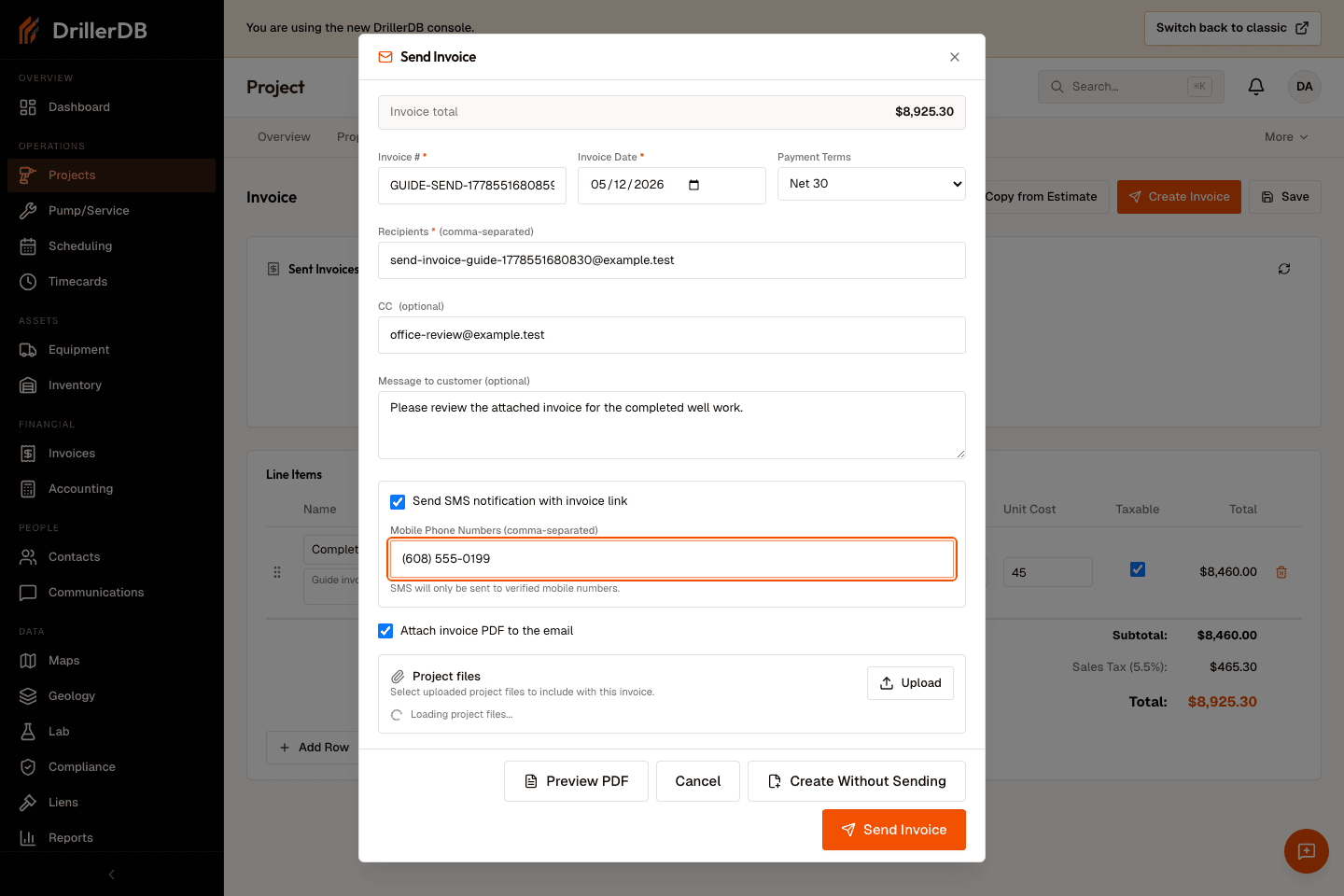 Send Invoice dialog showing Preview PDF, Attach invoice PDF, project files, and Upload controls.
