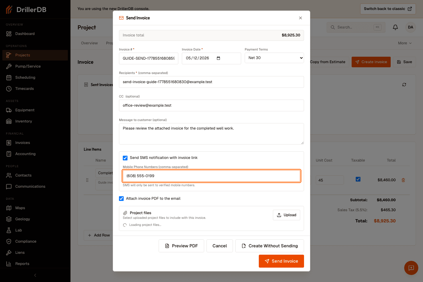 Send Invoice dialog ready for final review with Preview PDF, Create Without Sending, and Send Invoice buttons visible.