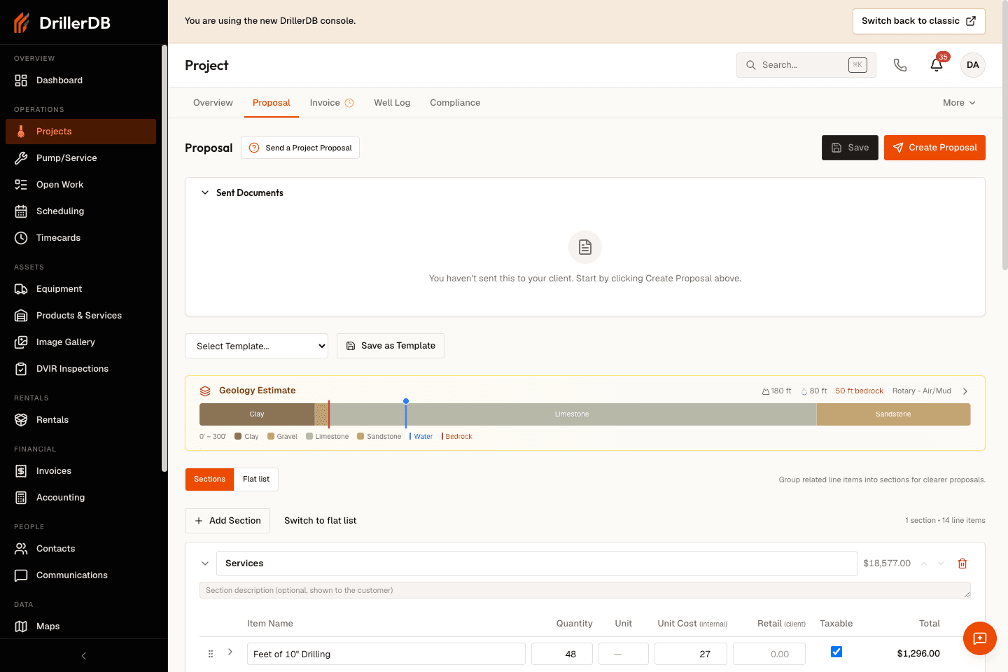 Project Proposal tab with the Create Proposal button, Save button, line-item editor, terms, and sent-documents area visible.