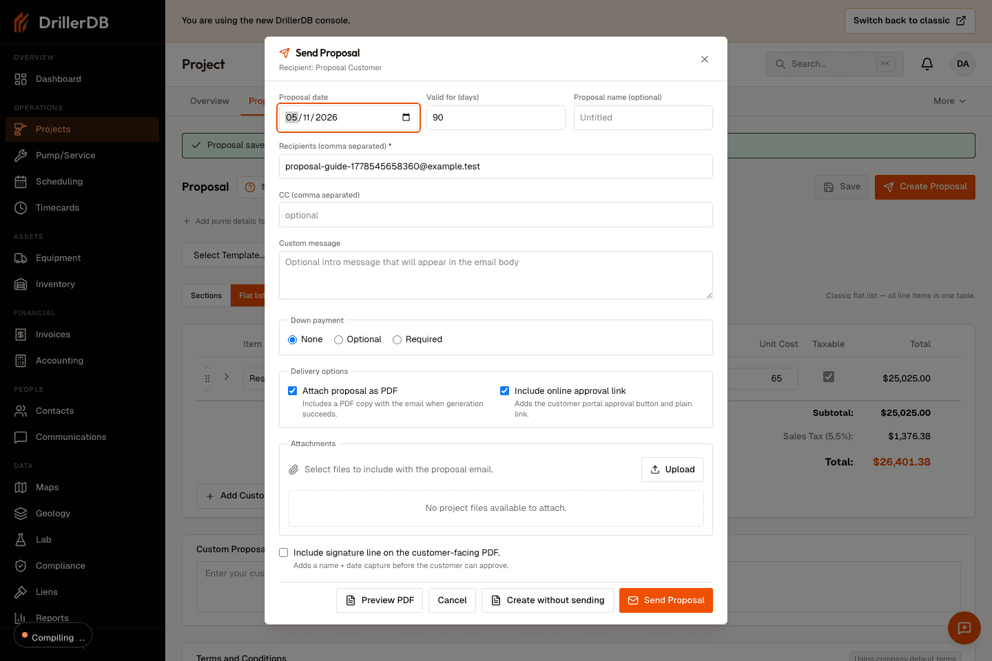Send Proposal dialog open with proposal date, valid-for days, proposal name, recipients, CC, custom message, and down-payment controls.