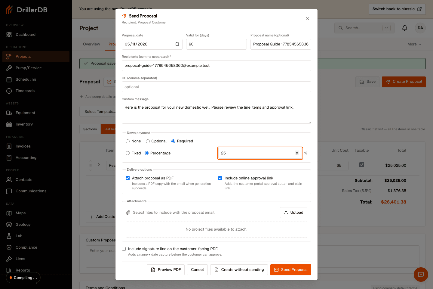 Send Proposal dialog filled with recipient email, custom message, approval-link option, PDF attachment option, and required down-payment settings.