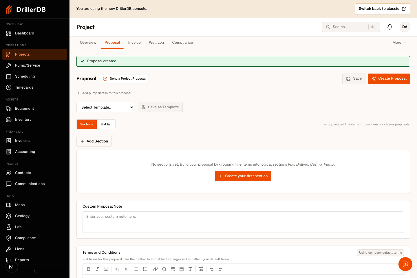 Proposal tab Sent Documents section after creating a draft proposal without sending, showing the new proposal row and status.