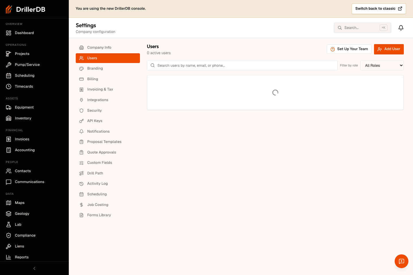 Settings Users page showing active users, role badges, MFA indicators, search, role filter, and Add User button.