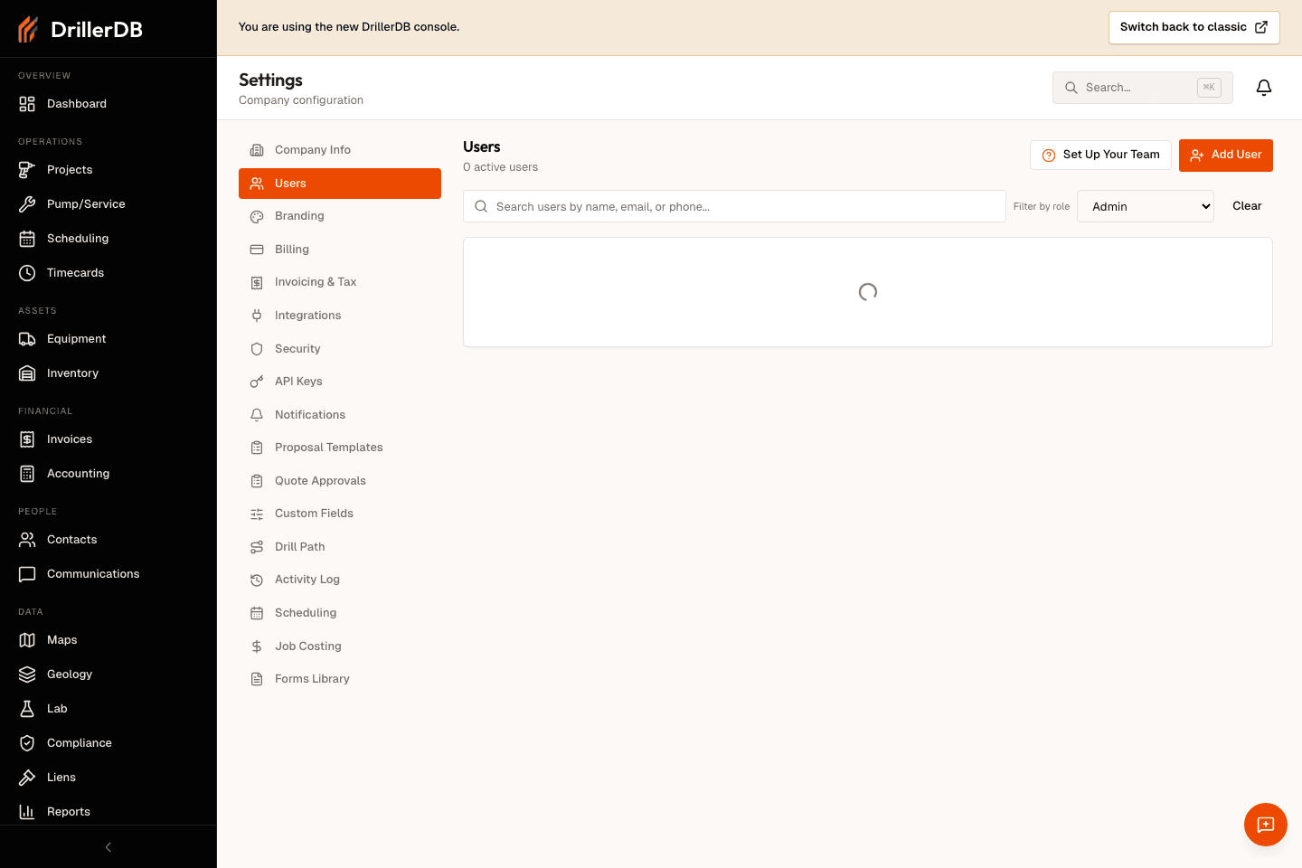 Settings Users page with a role filter applied and matching users shown.