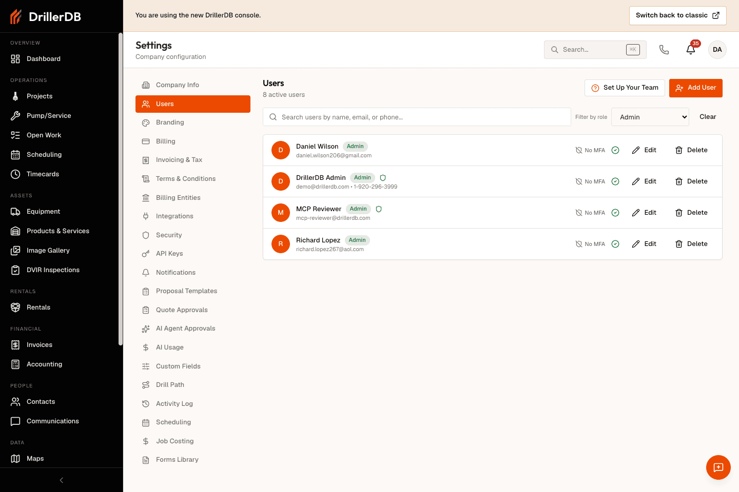 Settings Users page with a role filter applied and matching users shown.