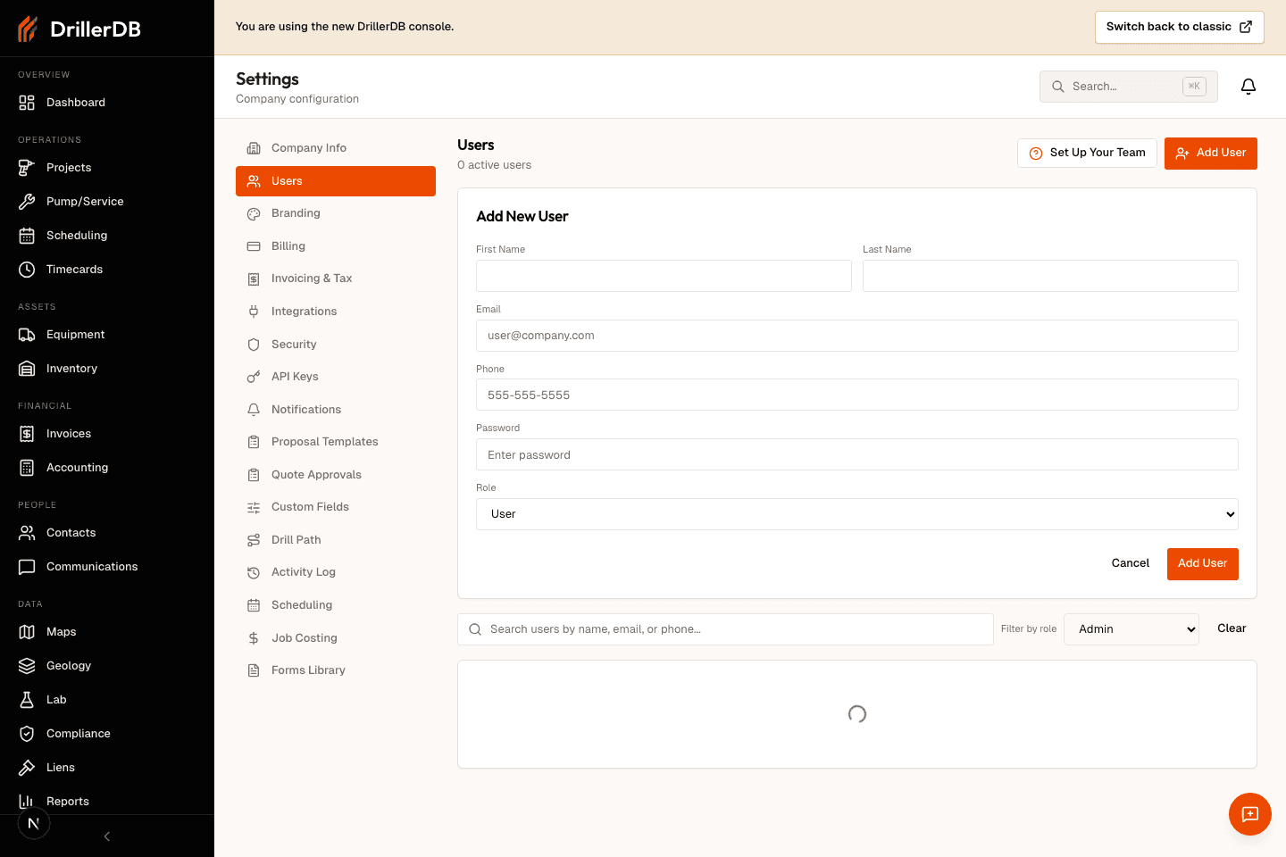 Add New User form open above the users list with contact, password, and role fields visible.