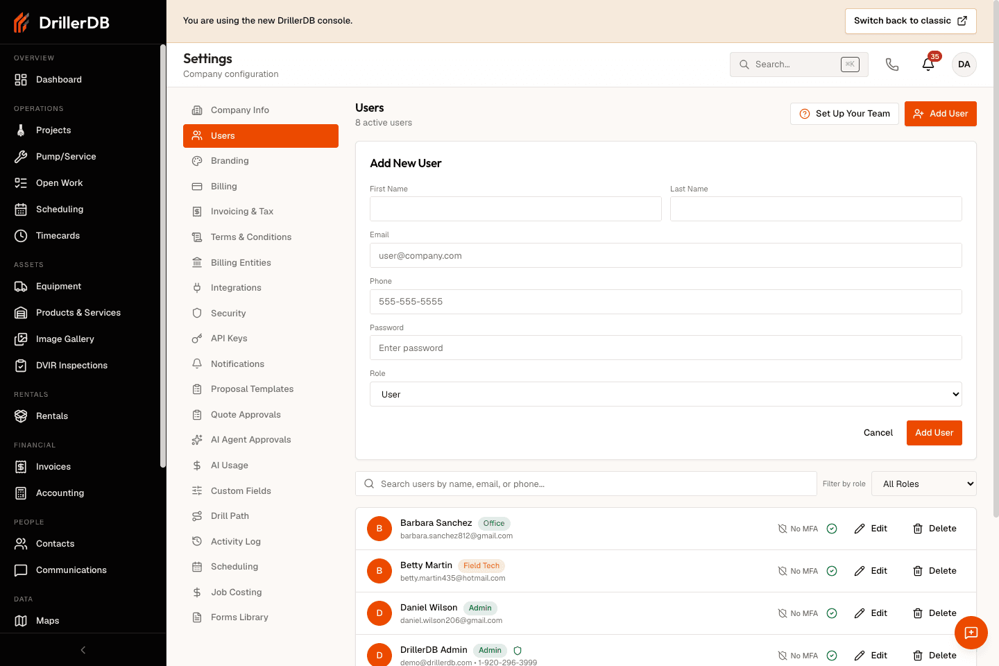 Add New User form open above the users list with contact, password, and role fields visible.
