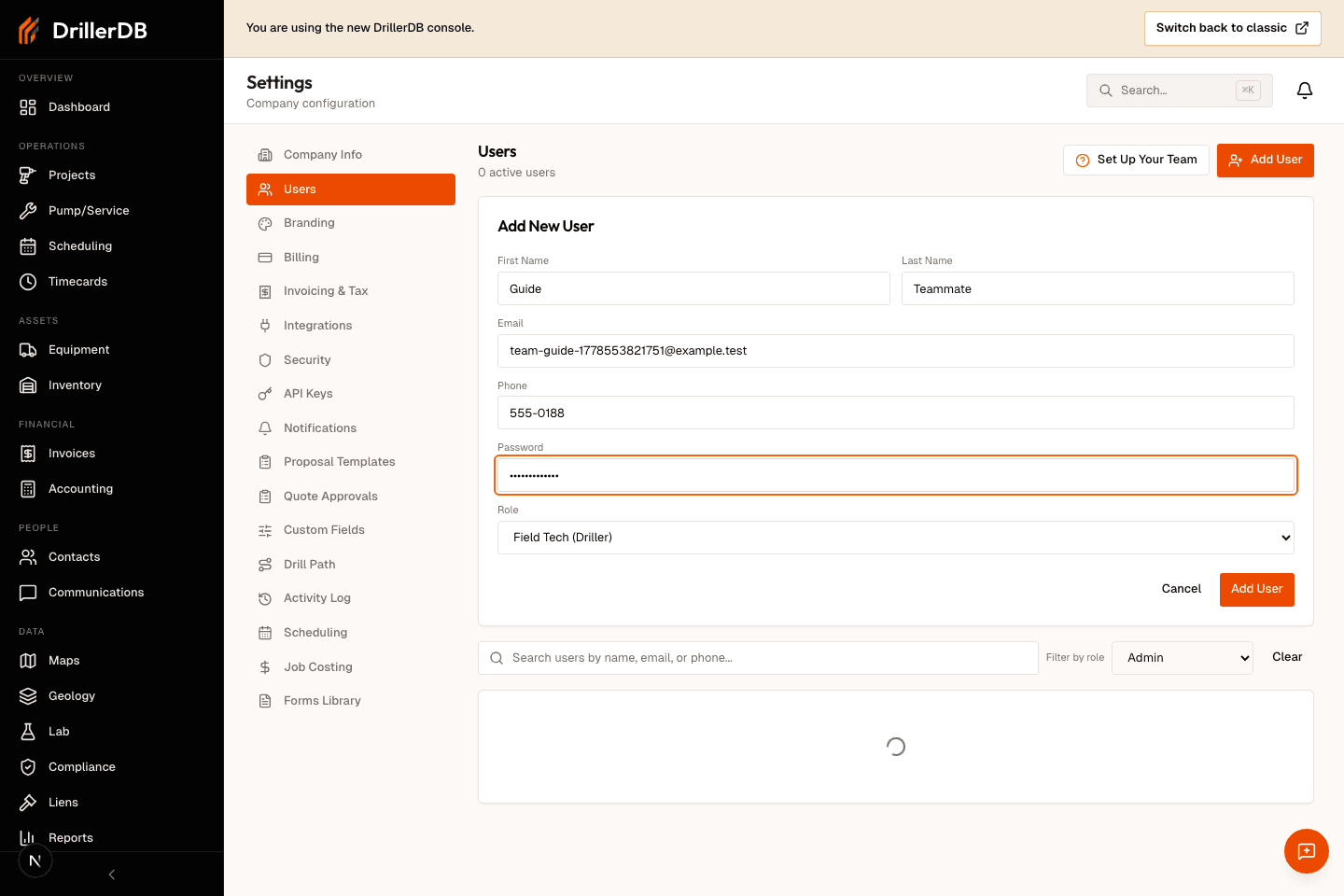 Add New User form filled with example teammate details and a Field Tech role selected, before submitting.