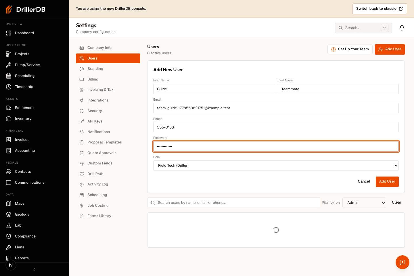Add New User form ready for final review with Add User visible but not clicked.