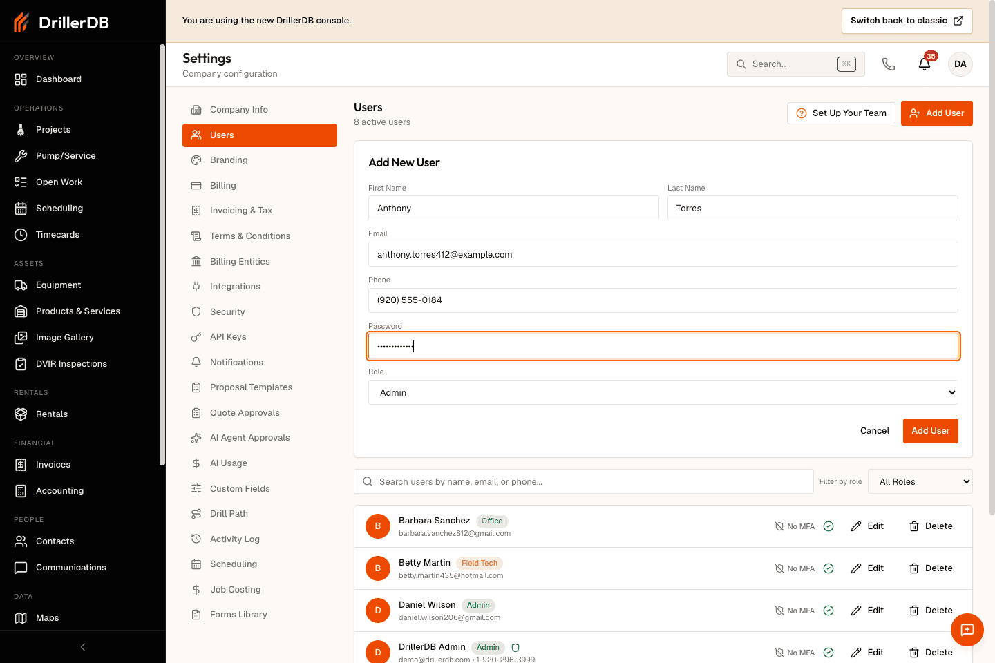 Add New User form ready for final review with Add User visible but not clicked.