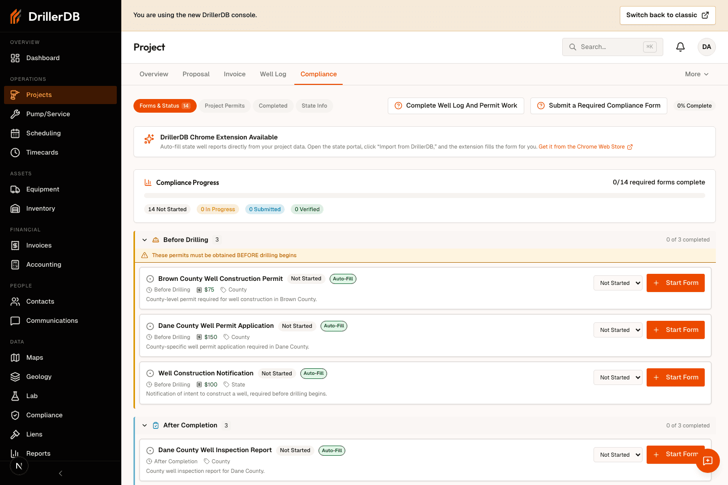 Project Compliance tab showing an after-completion required form ready to start, with PDF and Online reference controls visible.