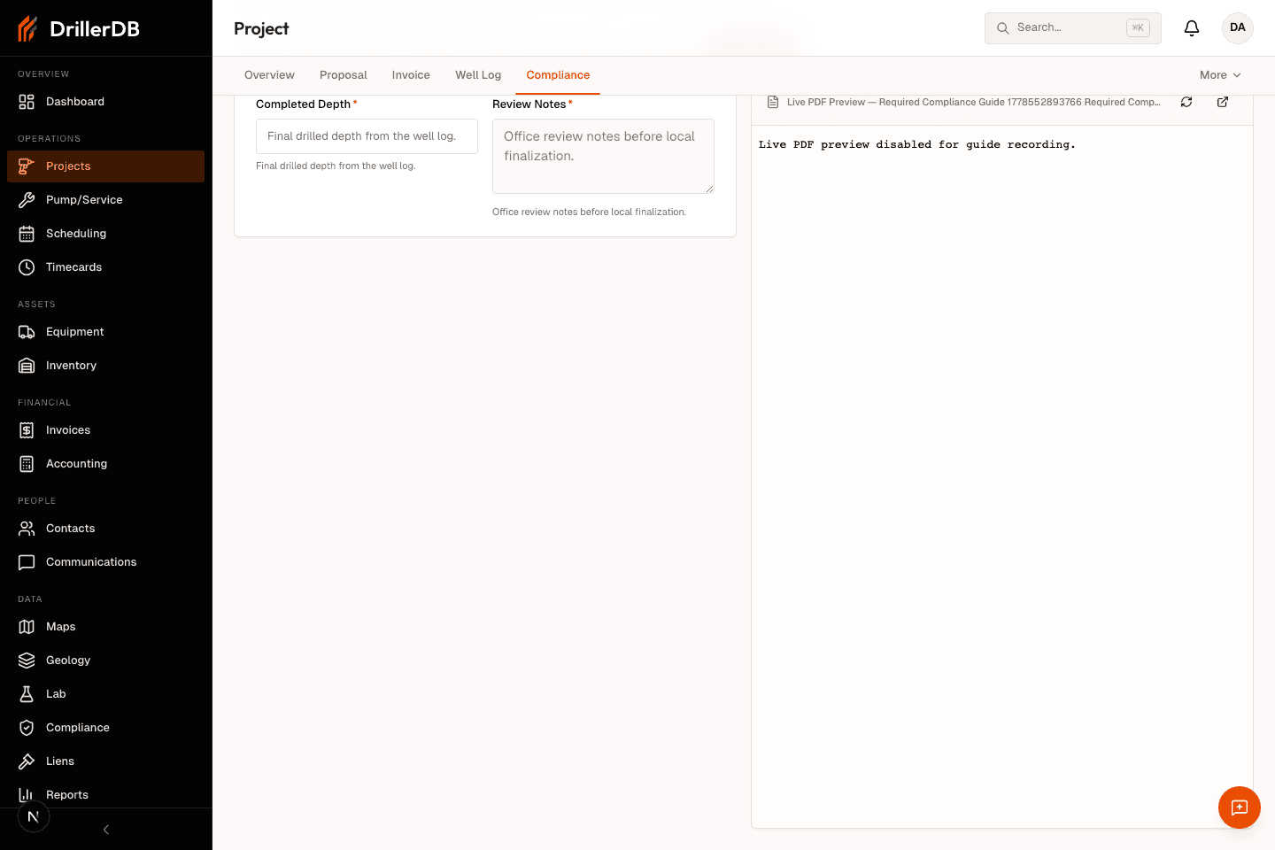 Compliance form editor opened from the project with draft status, required fields, and a live PDF preview pane.