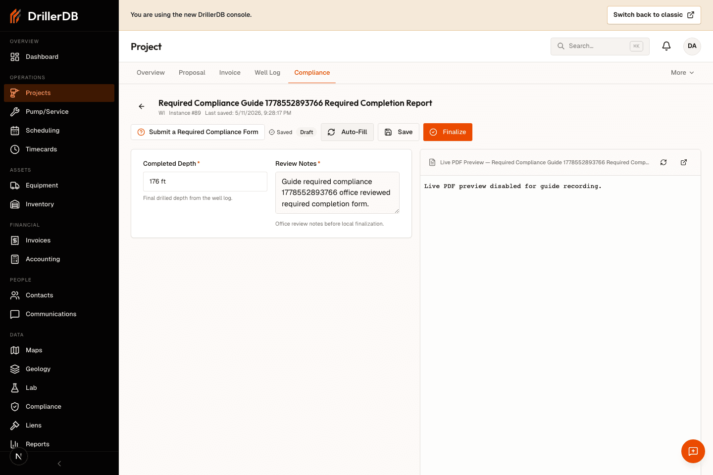 Compliance form editor with required fields filled and saved as an in-progress draft.