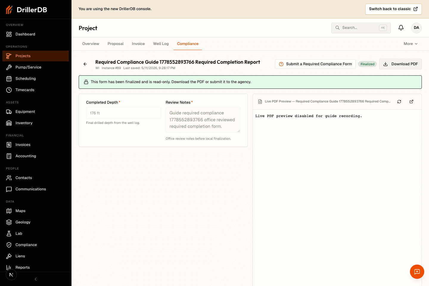Finalized compliance form showing read-only status and Download PDF, with no external agency submission performed.