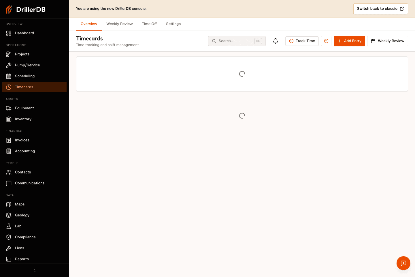 Timecards overview showing the section tabs, daily tracking controls, weekly totals, and recent entries.
