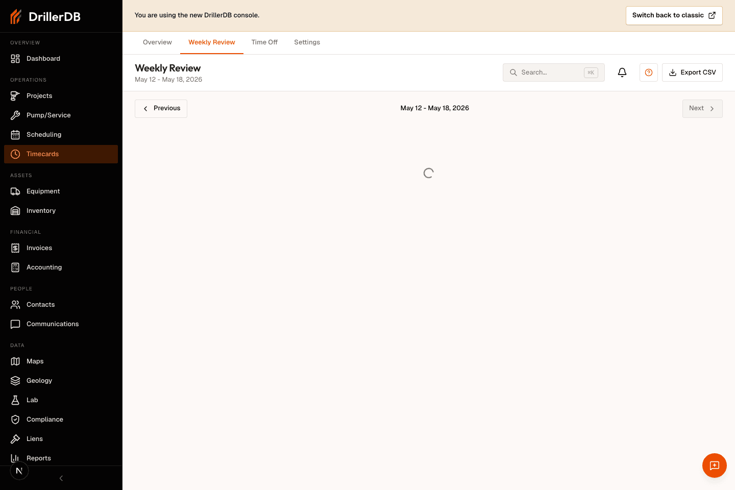 Weekly Review page showing employee rows, daily hour columns, totals, approval selection, and Export CSV.
