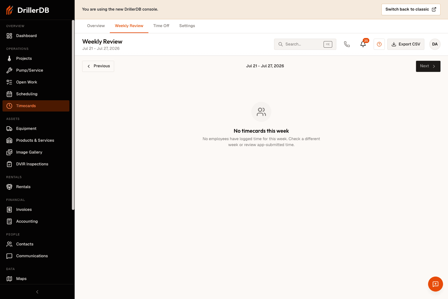 Weekly Review page showing employee rows, daily hour columns, totals, approval selection, and Export CSV.