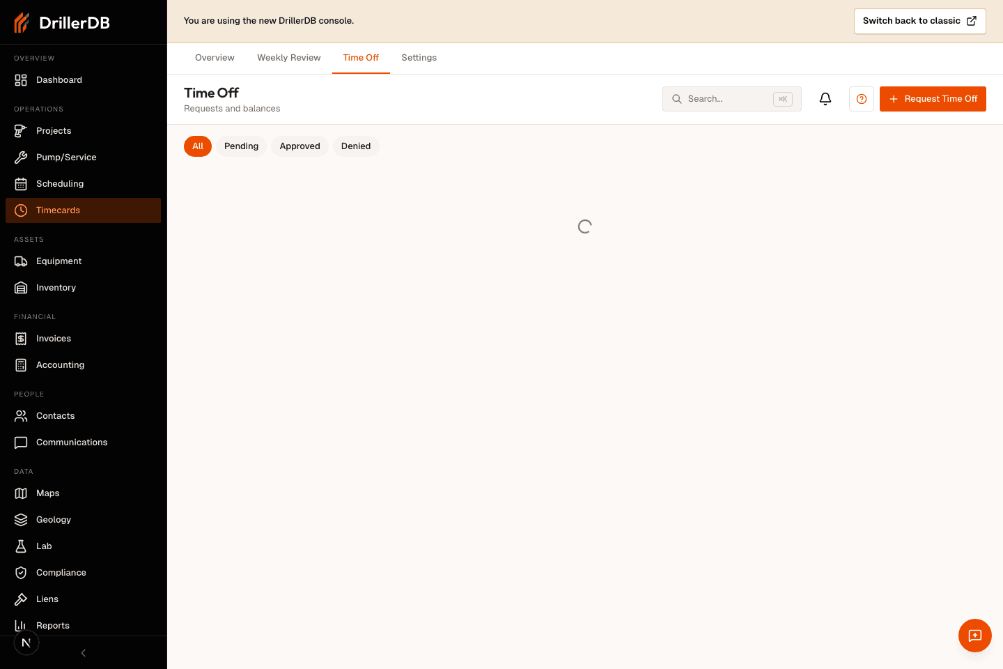 Time Off page showing balances, status filters, requests, and Request Time Off control.