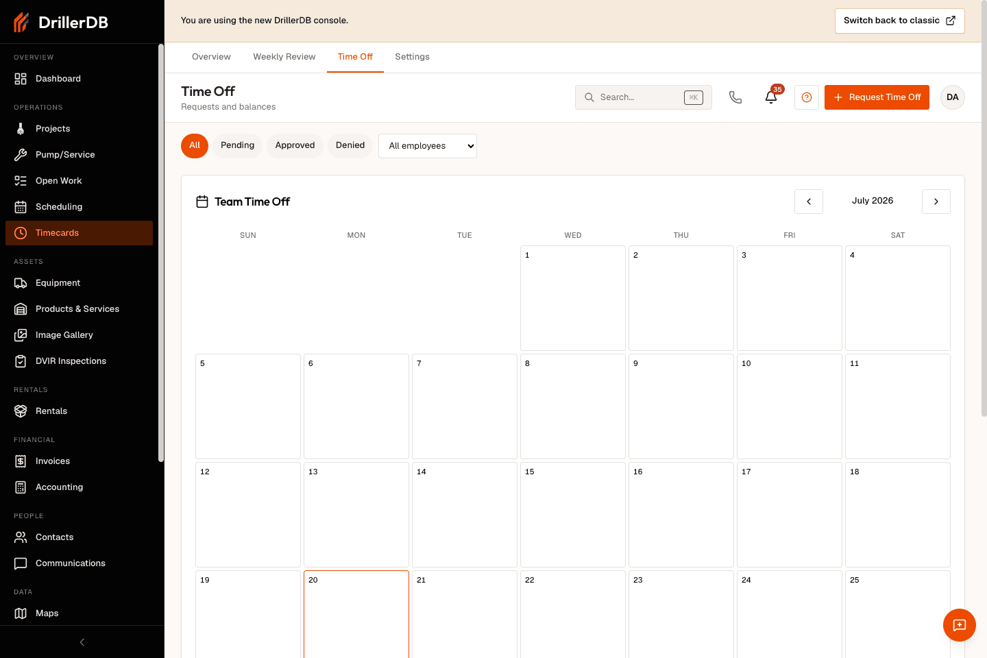 Time Off page showing balances, status filters, requests, and Request Time Off control.