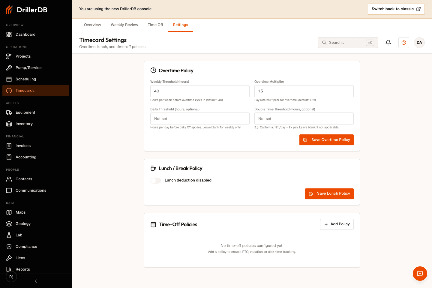 Timecards Settings page showing overtime policy, lunch policy, and time-off policy controls.