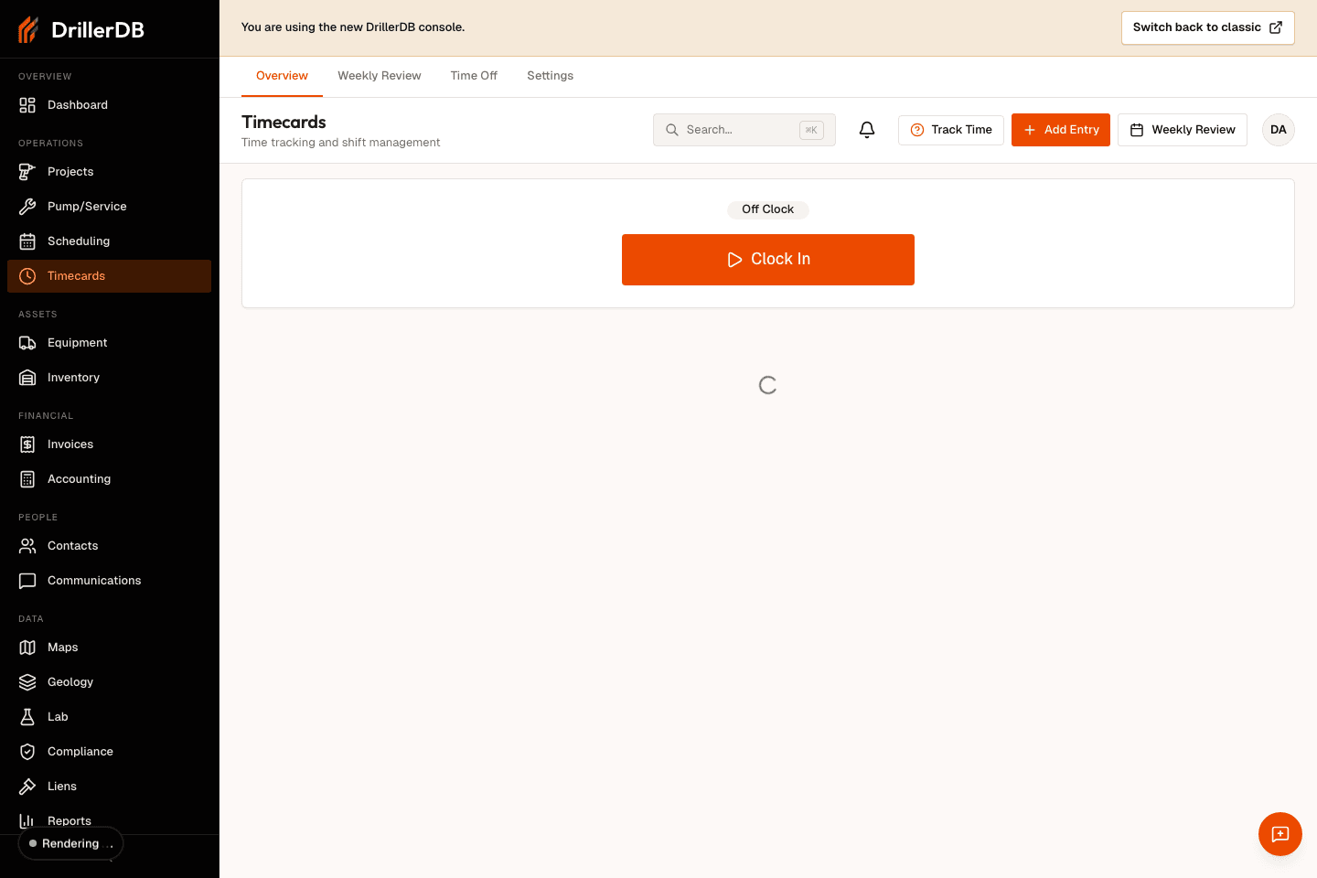 Timecards page showing summary cards, employee hours, and recent entries.