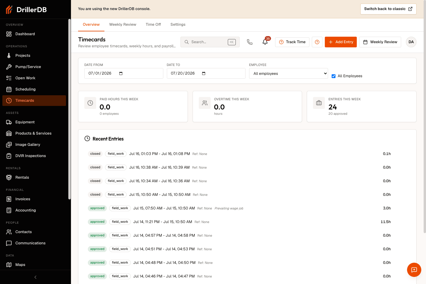 Timecards page showing summary cards, employee hours, and recent entries.
