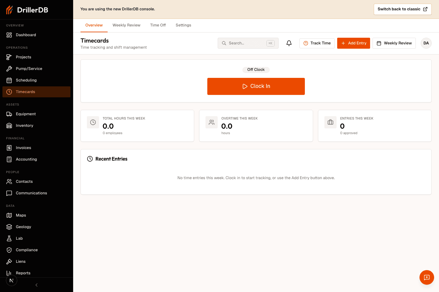 Timecards page showing weekly total hours, overtime, entry count, and employee hour rows.