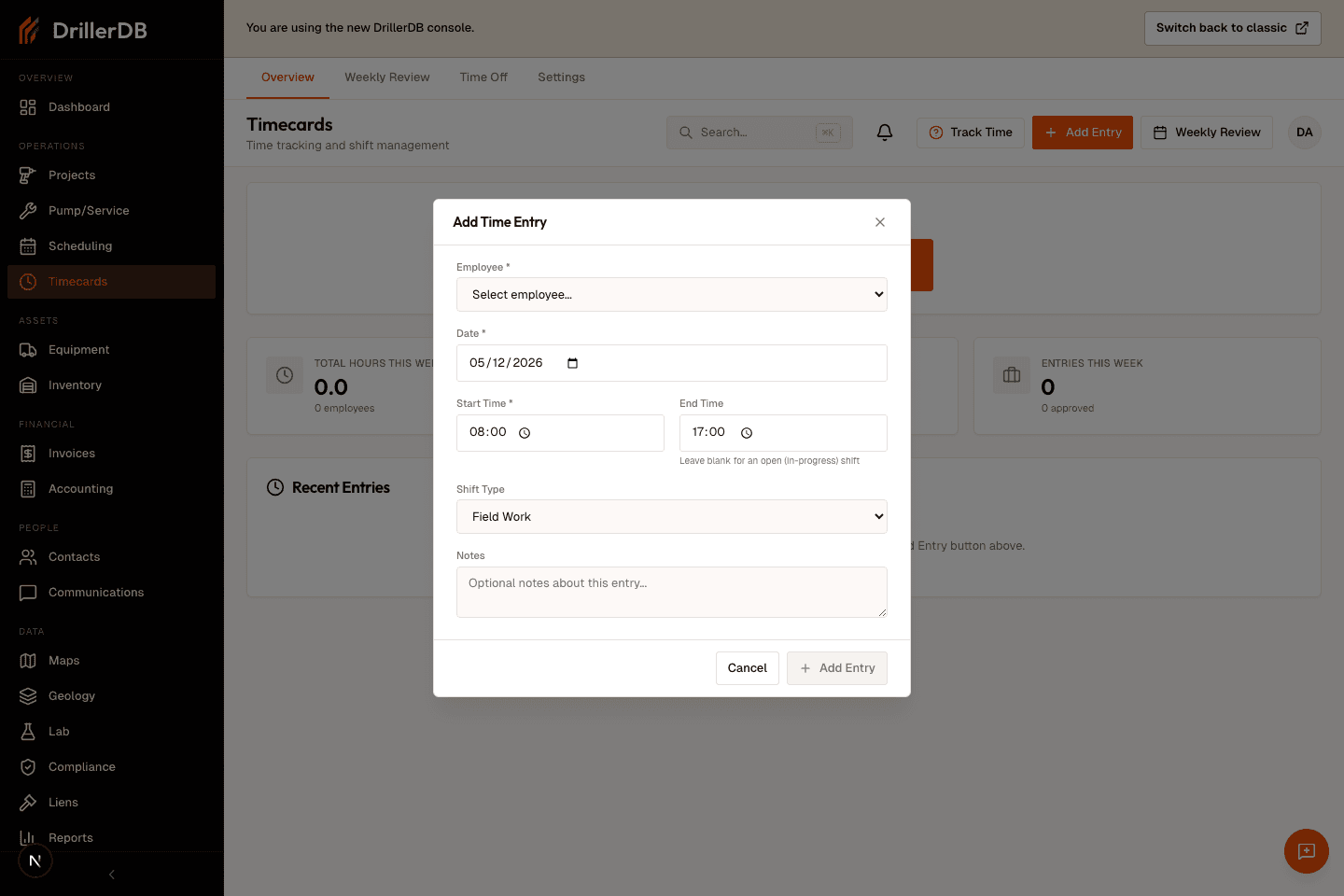 Add Time Entry dialog open with employee, date, start time, end time, shift type, notes, Cancel, and Add Entry controls.
