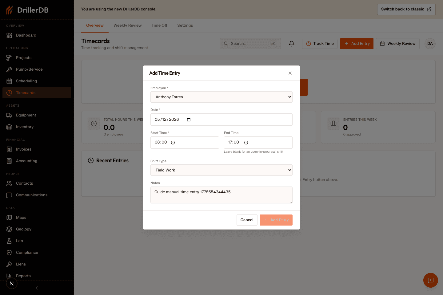 Add Time Entry dialog filled with an example employee, date, field work shift type, and notes before submission.