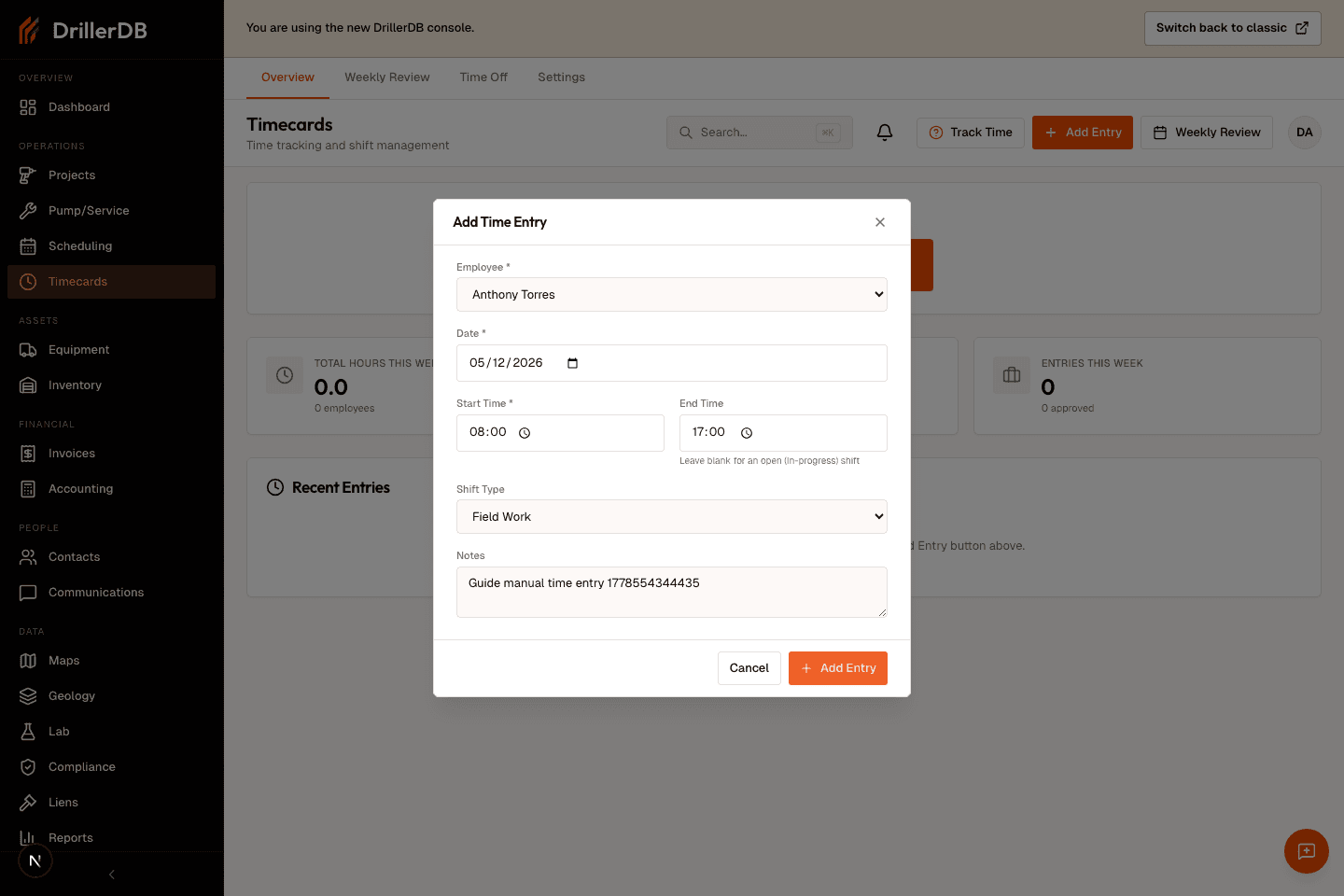 Add Time Entry dialog ready for final review with Add Entry visible but not clicked.