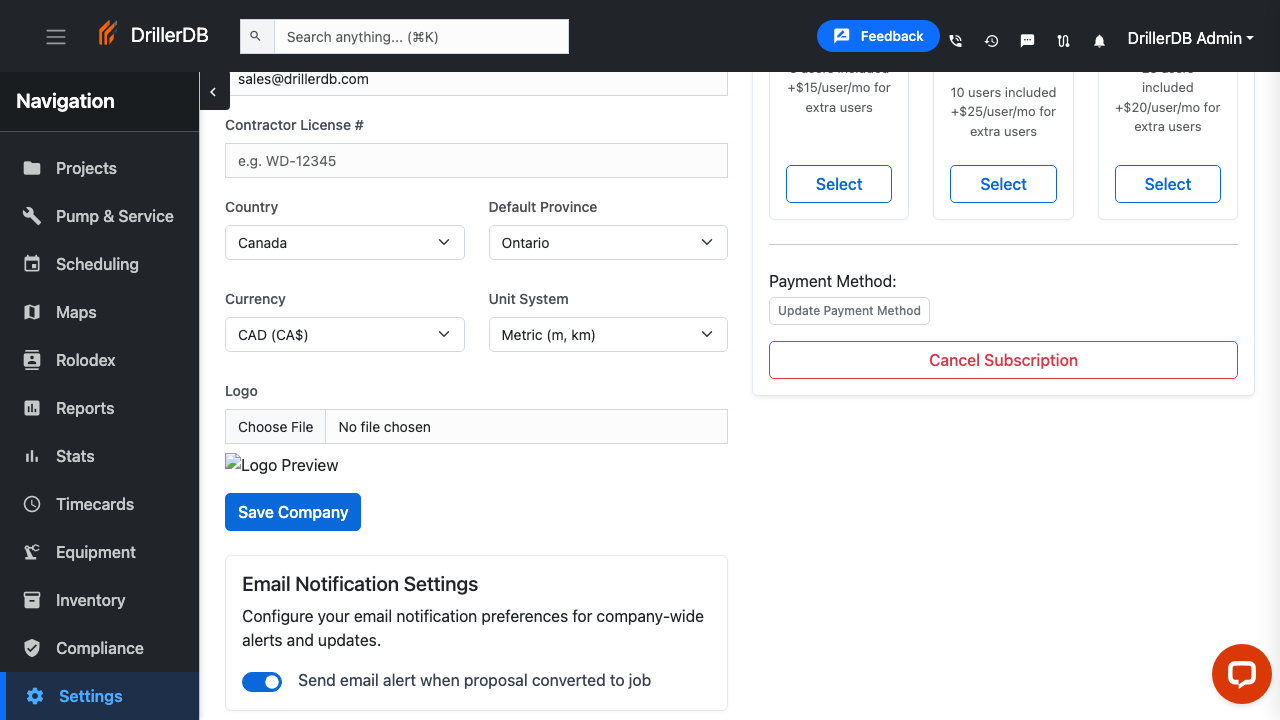 Cancel Subscription button below the Payment Method section