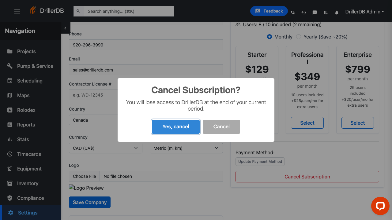 Cancel Subscription confirmation popup